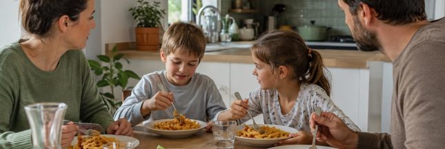 Une famille partage un repas de pâtes autour de la table