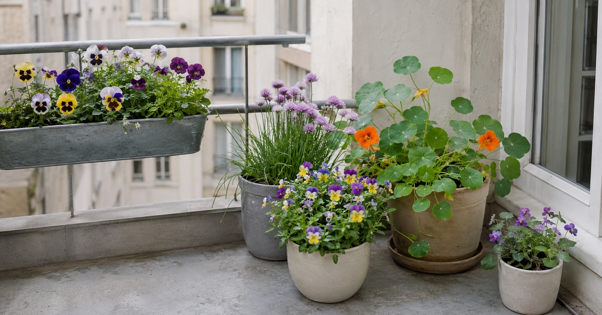 Pensées, ciboulette fleurie et capucines cultivées sur un balcon orienté au nord