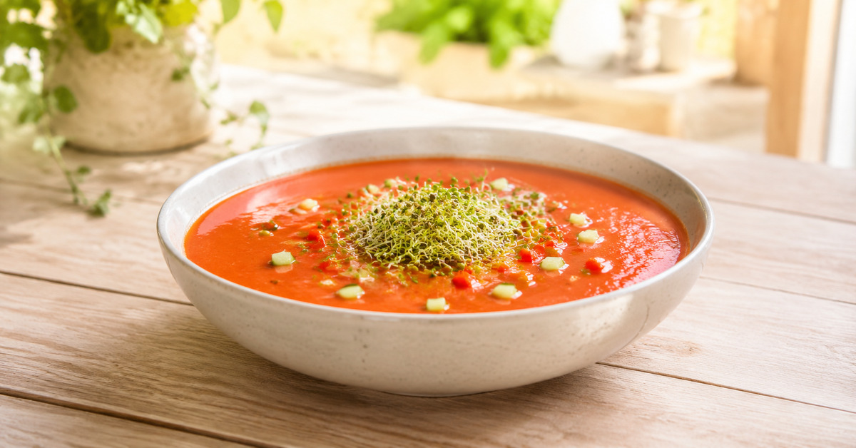 Gaspacho de tomates garni de graines germées et de petits dés de légumes