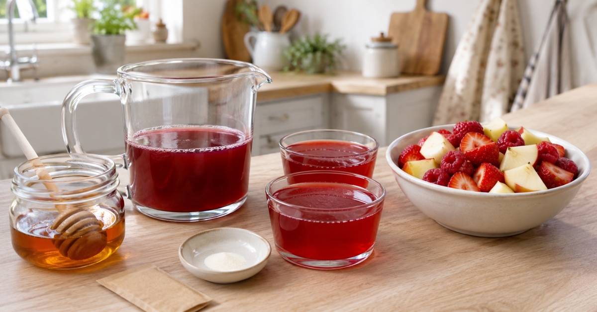 Ingrédients pour préparer une gelée de fruits maison avec du jus, de l'agar-agar, du miel et des fruits frais