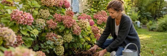 Jardinier taillant délicatement une fleur d'hortensia fanée en septembre avec un sécateur.