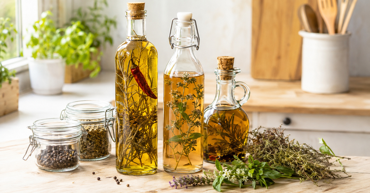 Bouteilles d'huile et de vinaigre maison parfumées au romarin, au thym, au piment et aux fleurs de basilic dans une cuisine lumineuse.