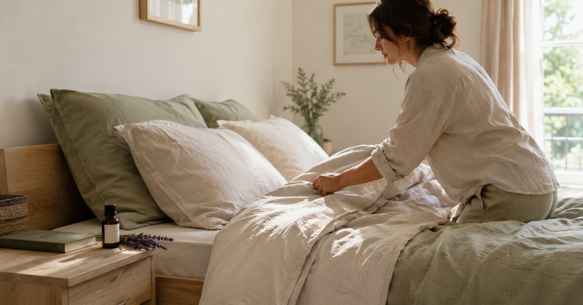 Femme préparant un lit en lin et coton bio, avec un flacon d'huile essentielle et des brins de lavande sur la table de chevet.