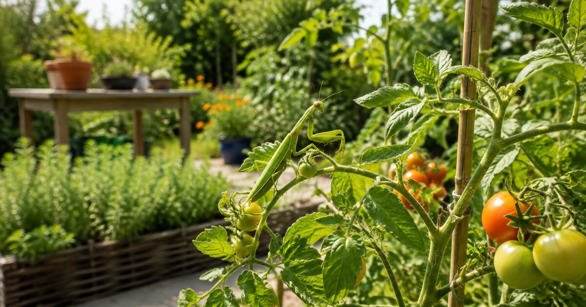 Mante religieuse verte posée sur un plant de tomates