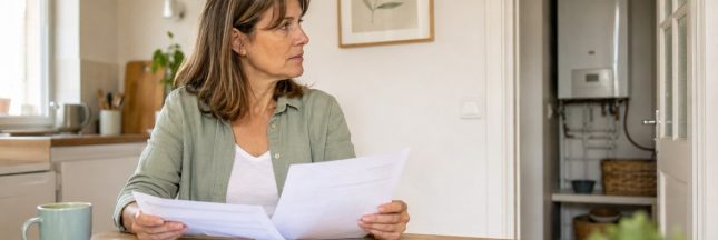 Propriétaire préoccupée consultant ses documents de rénovation tout en regardant sa chaudière à gaz.