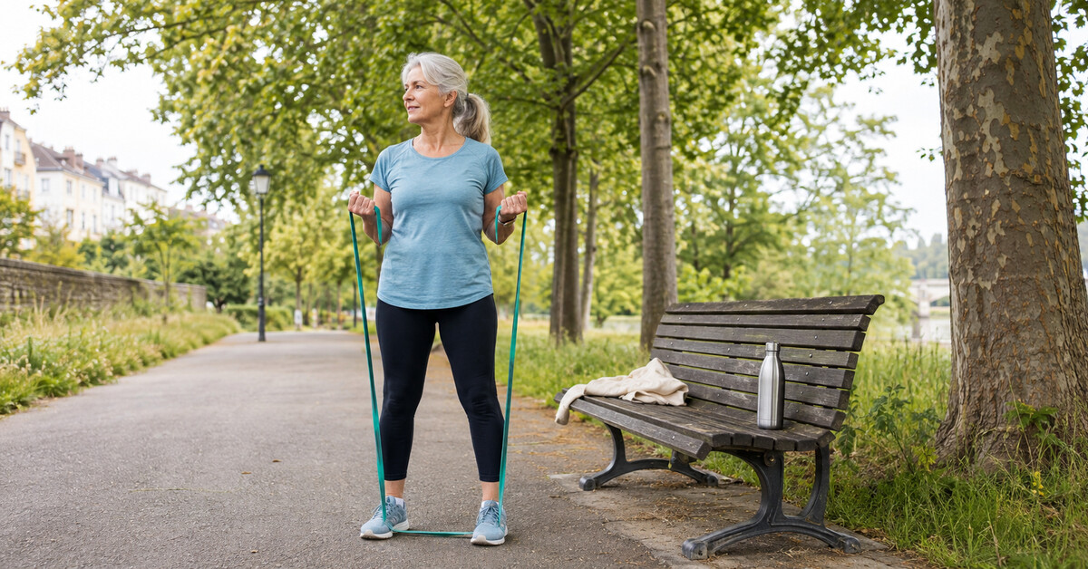 Femme senior pratiquant un exercice de renforcement avec un élastique après une marche dans un parc.