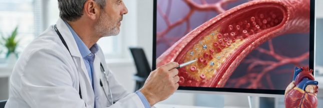 Un cardiologue examine sur un écran une artère contenant une plaque d’athérosclérose et de minuscules particules de plastique.