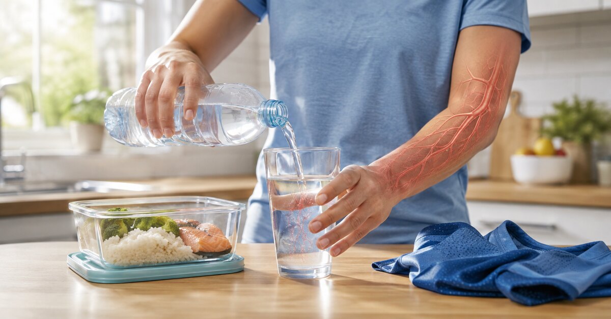 Une personne verse de l'eau d'une bouteille en plastique dans un verre, tandis qu'un réseau d'artères apparaît sur son bras.