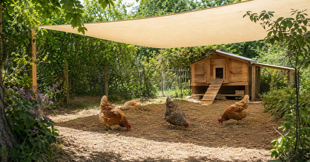 Poules profitant d'un parcours ombragé par une grande toile claire installée près de leur poulailler.