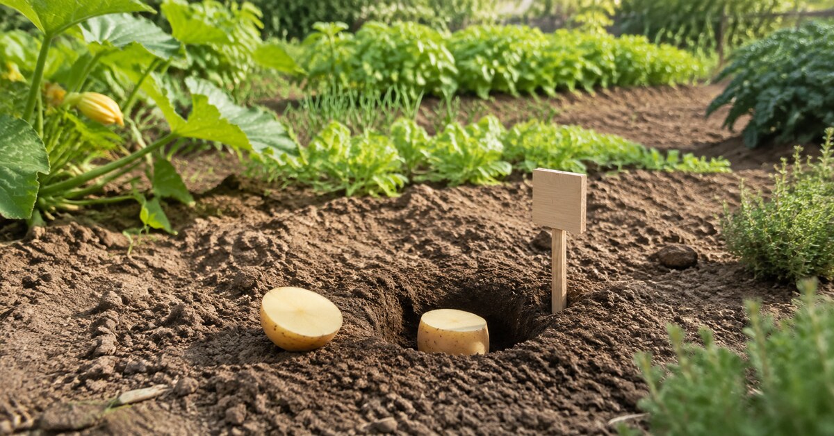 Morceaux de pomme de terre enterrés dans le potager pour piéger les taupins