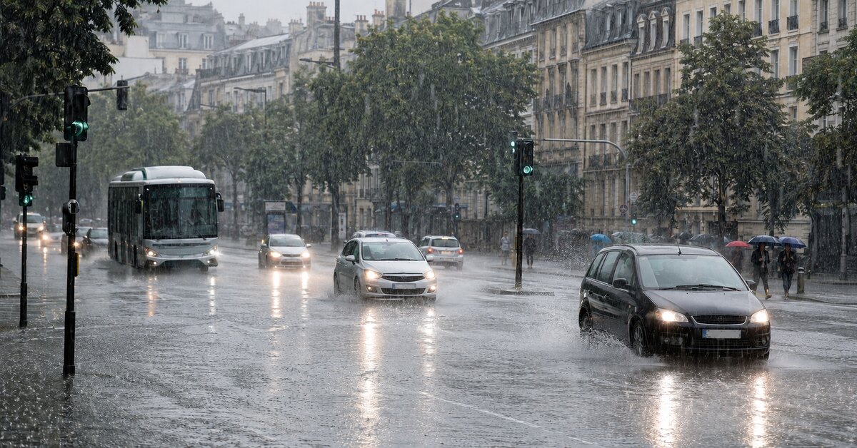 Pluie torrentielle inondant une avenue urbaine tandis que les véhicules circulent au ralenti