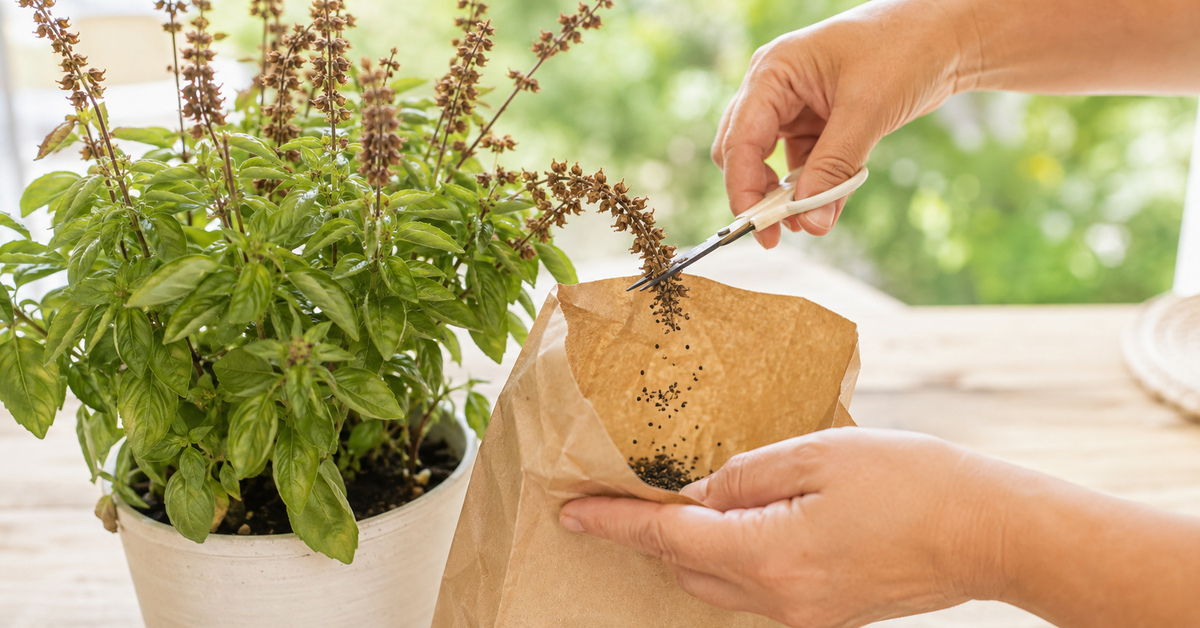 Épis secs de basilic coupés avec des ciseaux au-dessus d'un sachet en papier pour récupérer les graines.