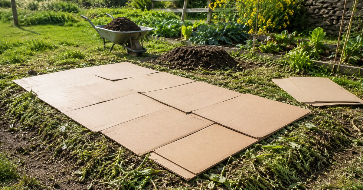 Cartons bruns disposés en couches sur des végétaux coupés pour créer un potager sans bêchage