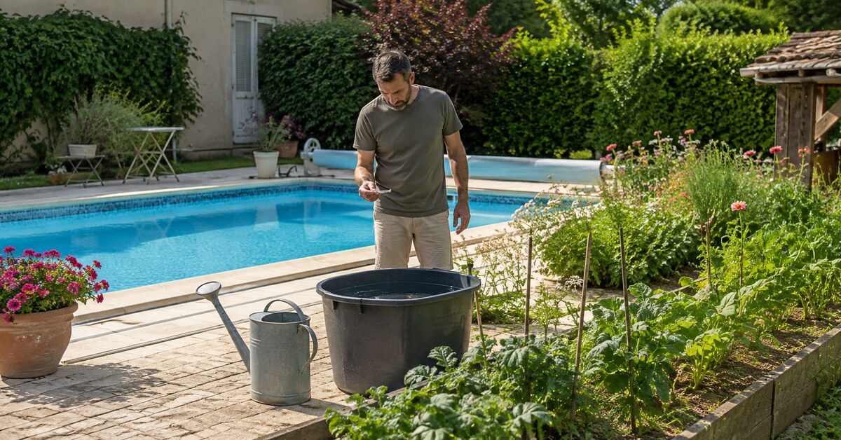 Homme contrôlant avec une bandelette l'eau de piscine laissée au repos avant d'arroser le jardin