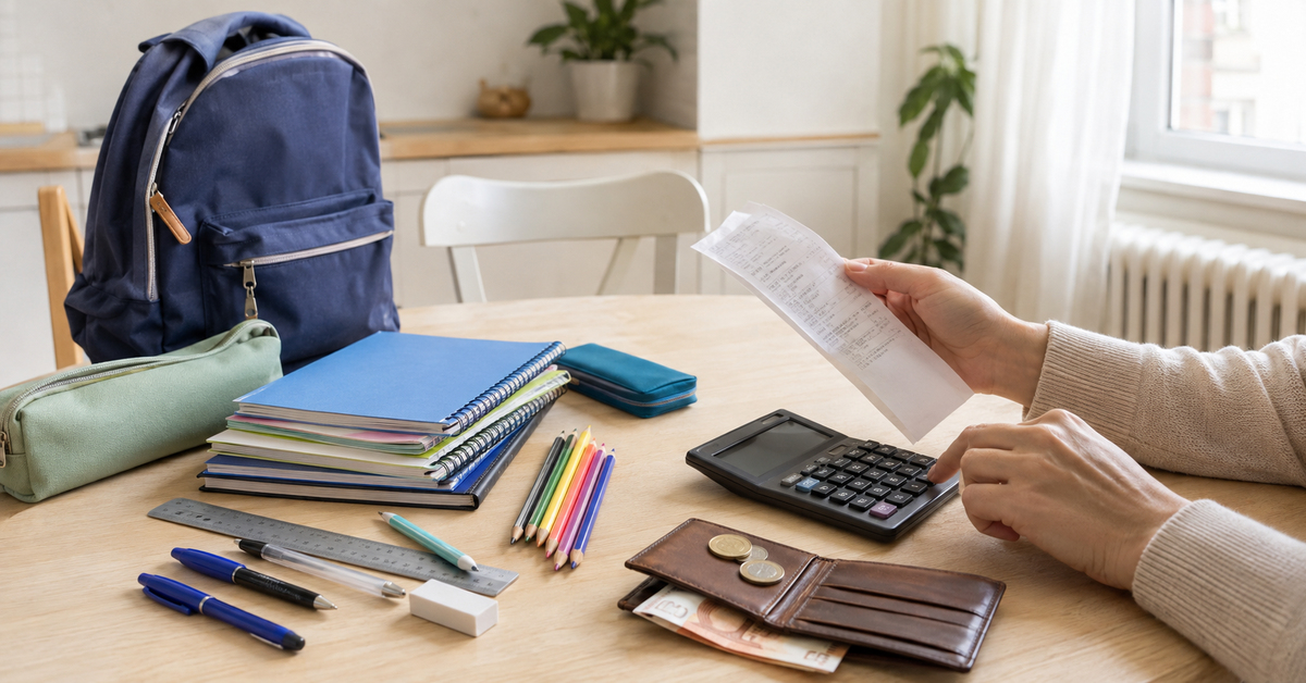 Fournitures scolaires, cartable, calculatrice et portefeuille presque vide sur une table familiale.