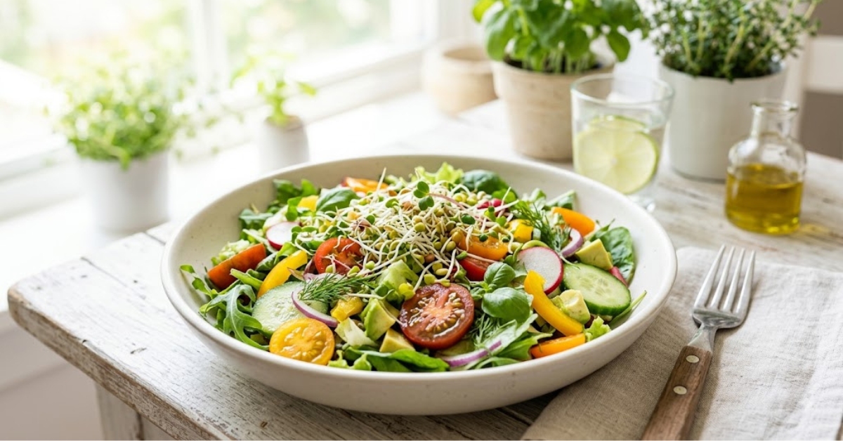 Salade d'été fraîche et colorée parsemée de graines germées dans un bol clair sous une lumière naturelle.