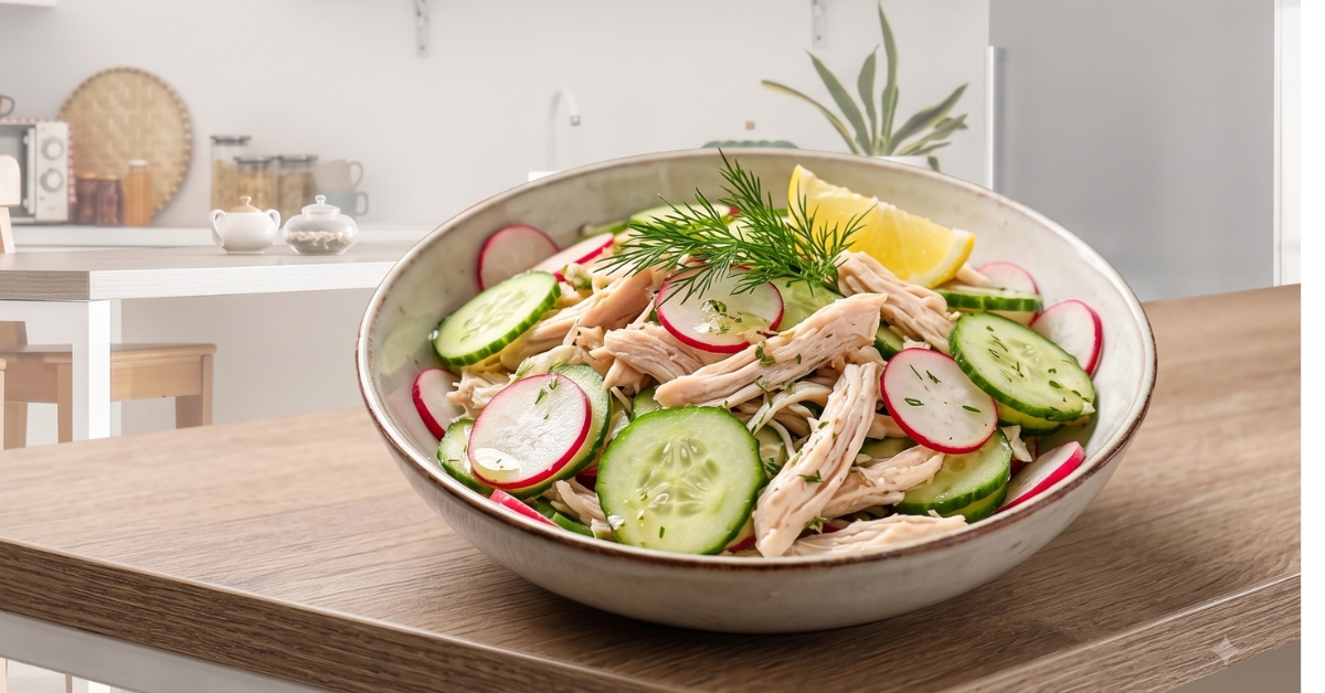 Bol de salade fraîcheur avec concombre, radis croquants et poulet effiloché