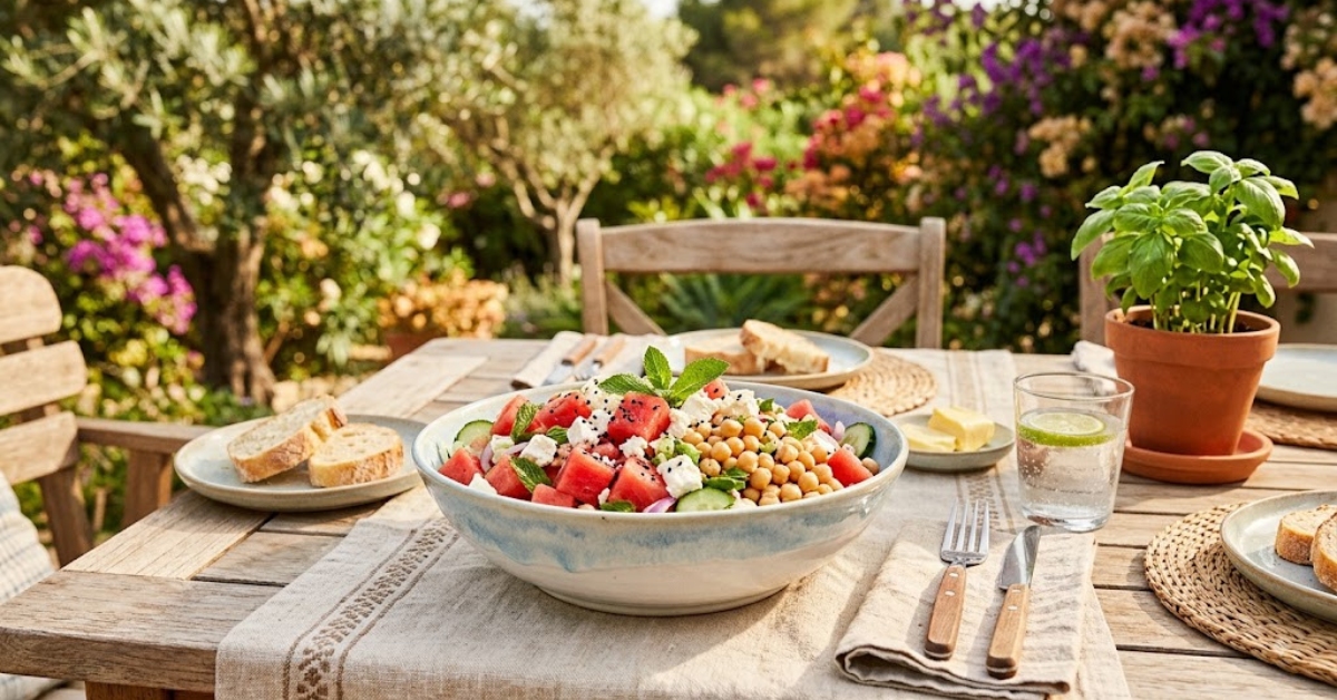 Salade fraîcheur pastèque, feta, pois chiches et menthe pour un déjeuner hydratant.