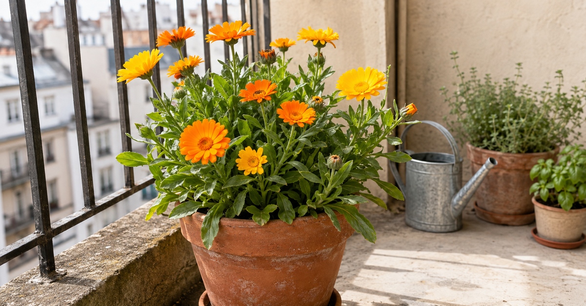 Souci officinal orange et jaune cultivé dans un pot en terre cuite sur un balcon urbain