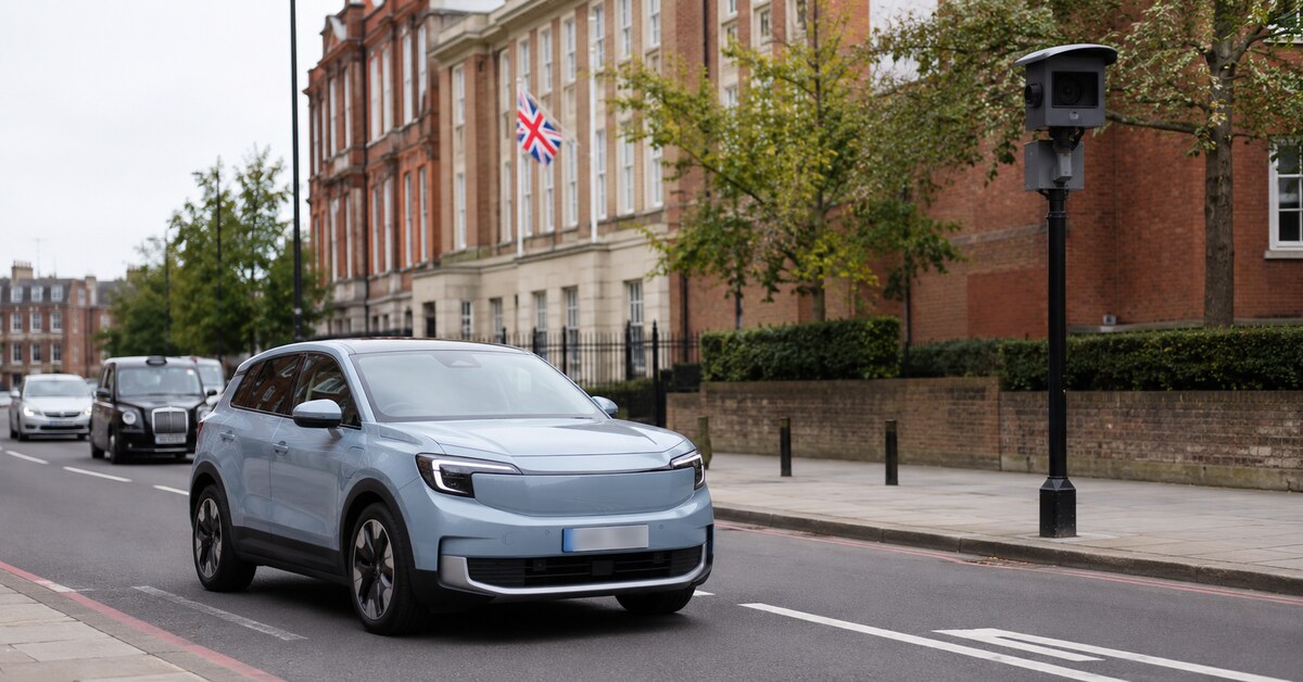 Voiture électrique circulant devant une caméra de contrôle au Royaume-Uni.