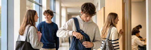 Un lycéen range son téléphone portable dans son sac avant d’entrer en classe à la rentrée 2026.