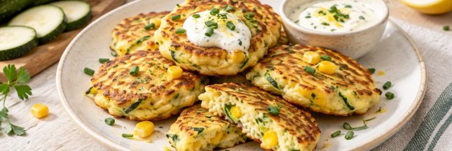 Blinis moelleux à la courgette et au maïs servis avec une crème citronnée et de la ciboulette