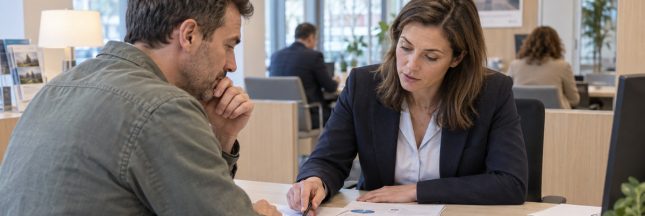 Un client examine ses documents bancaires avec une conseillère lors d’un contrôle de solvabilité.