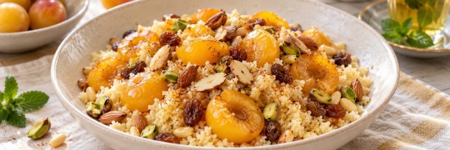 Couscous sucré aux mirabelles, raisins secs, amandes et pistaches dans un plat en céramique.