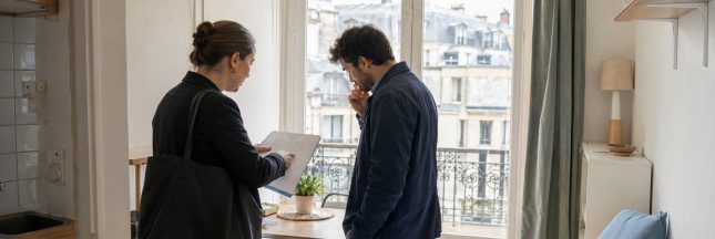 Visite d’un petit appartement parisien avec un candidat locataire examinant le bail aux côtés d’une agente immobilière.