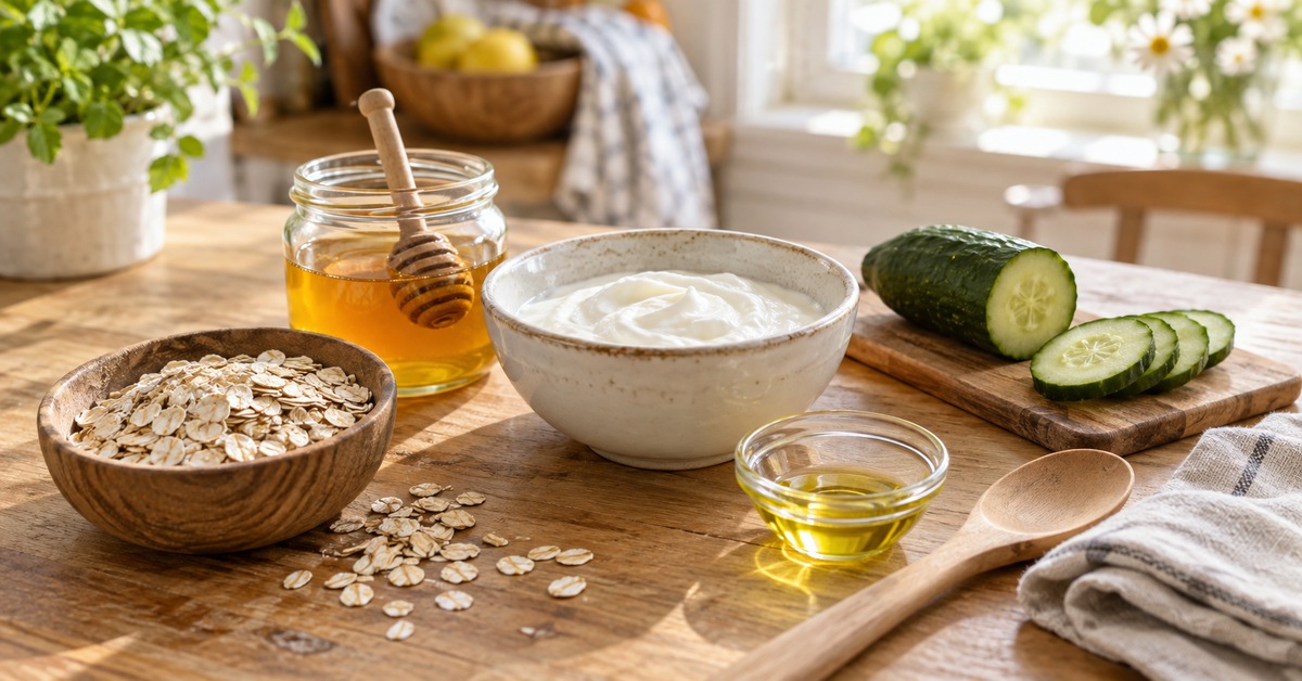 Miel, yaourt, flocons d'avoine, concombre et huile disposés sur une table pour préparer un soin cosmétique maison.
