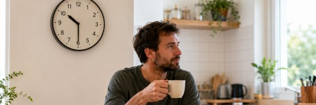 Homme prenant un petit-déjeuner tardif sous une horloge, illustration du jetlag alimentaire