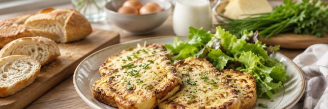 Pain perdu salé au fromage servi avec une salade verte dans une cuisine lumineuse