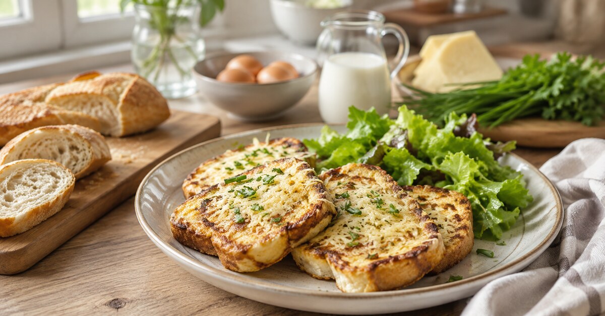 Pain perdu salé au fromage servi avec une salade verte dans une cuisine lumineuse