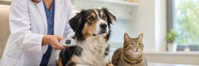 Chien et chat examinés par une vétérinaire avec un lecteur de puce électronique.