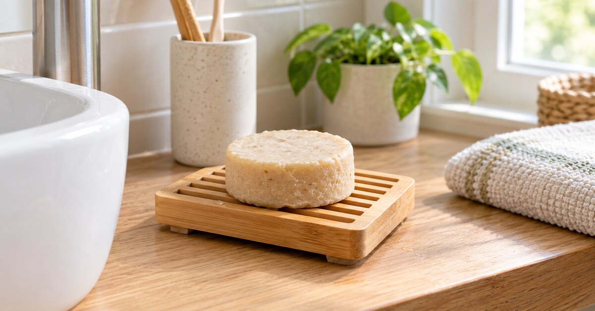 Shampoing solide séchant sur un porte-savon