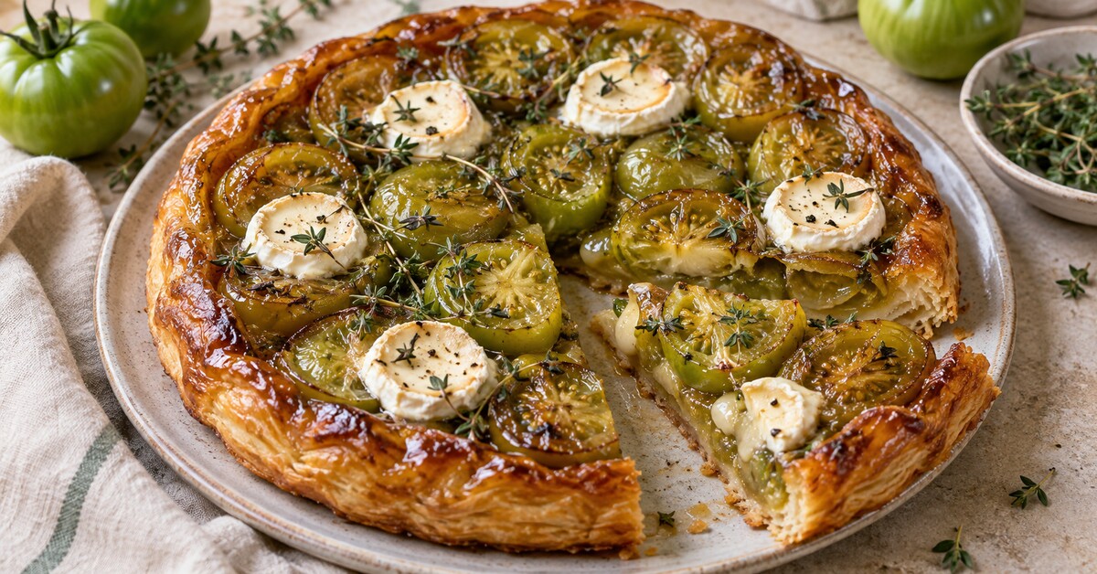 Tarte tatin de tomates vertes au chèvre et au thym, garnie d'herbes fraîches