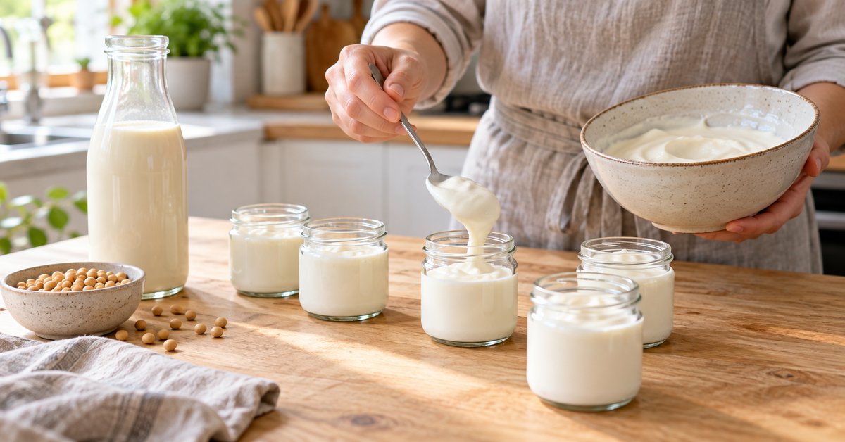 Une personne remplit des pots en verre de yaourt au soja maison dans une cuisine lumineuse.