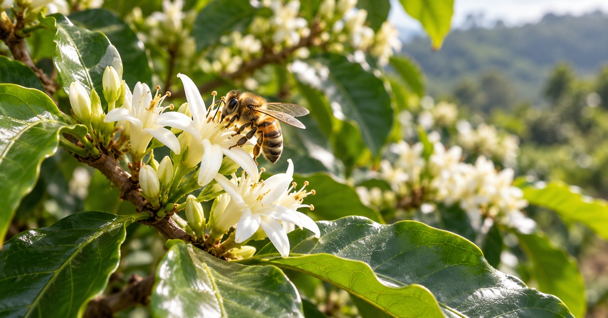 Abeille butinant les fleurs blanches d'un caféier, entourées de feuilles vertes sous une lumière naturelle.