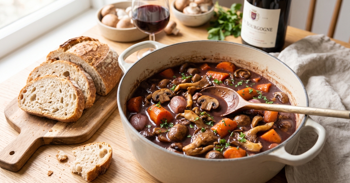Bourguignon forestier végétarien au vin rouge