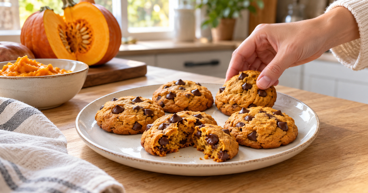 Une main dépose un cookie à la citrouille et au chocolat sur une assiette, dans une cuisine lumineuse.