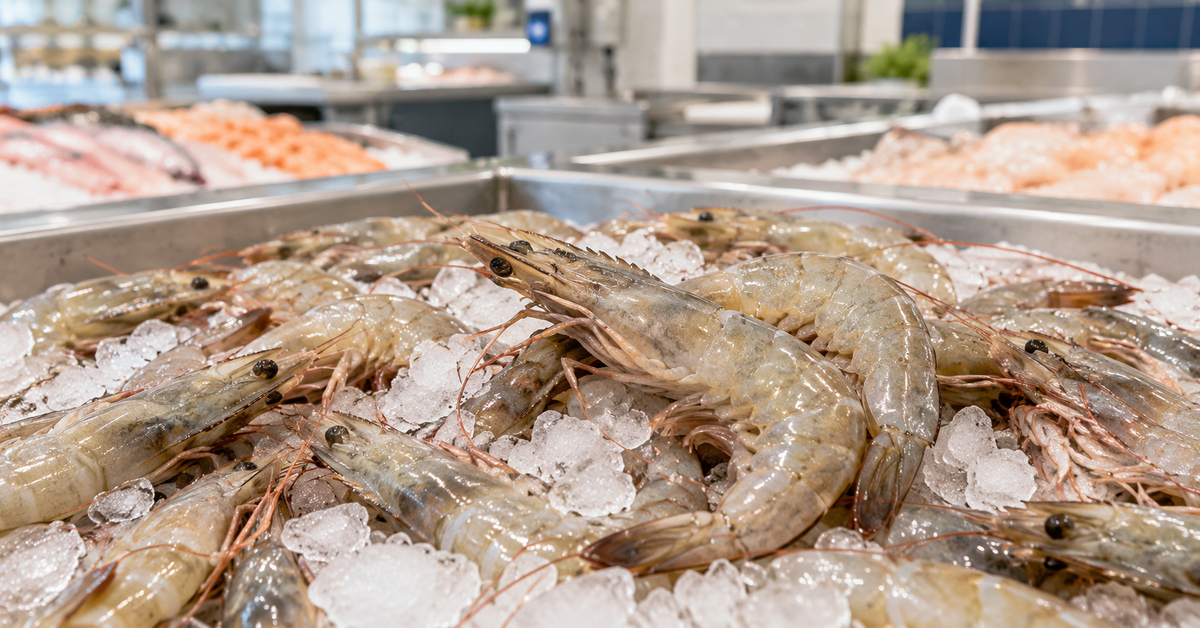 Crevettes crues entières sur un lit de glace au rayon poissonnerie d'un supermarché.
