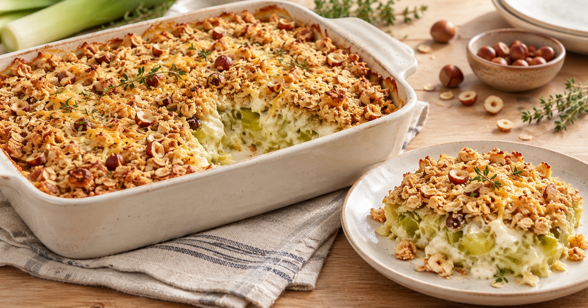 Crumble salé aux poireaux et au cheddar, garni de flocons d'avoine et de noisettes, avec une portion servie.