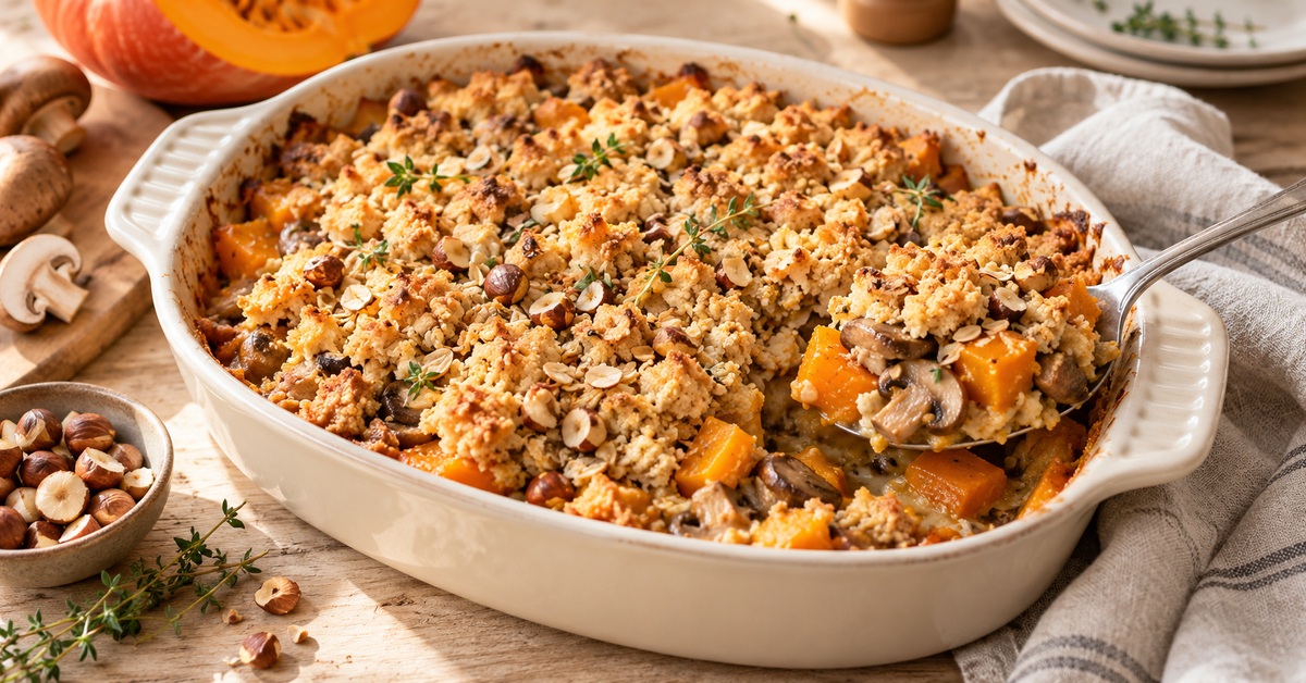 Potimarron fondant, champignons et crumble croustillant