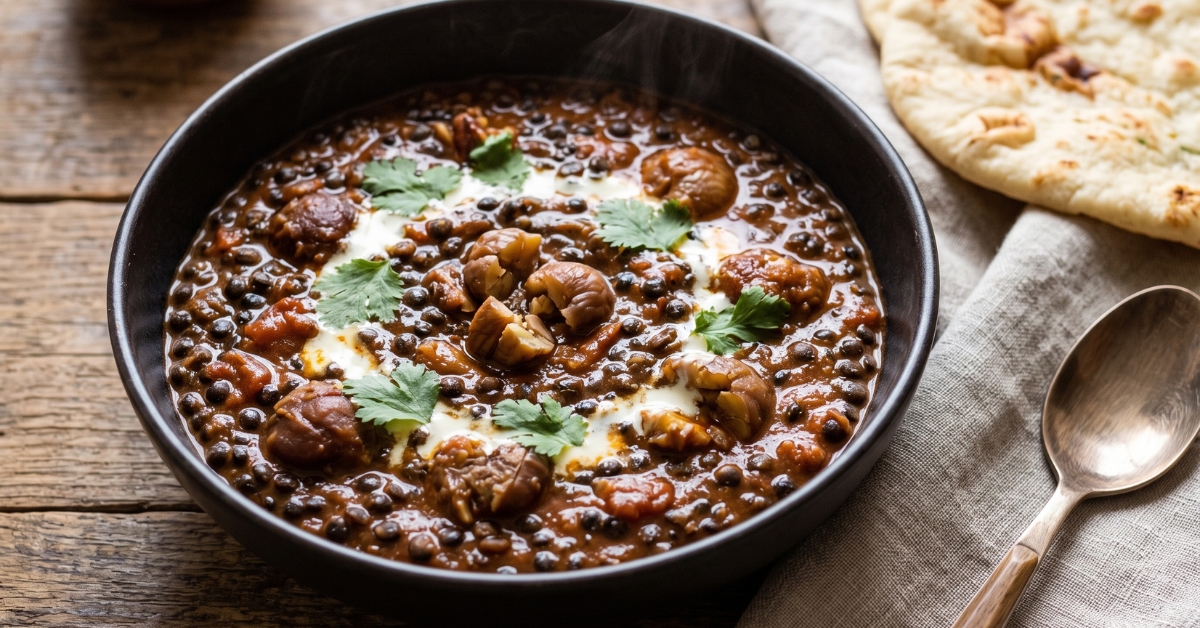 Dal noir aux lentilles Beluga, châtaignes et épices douces