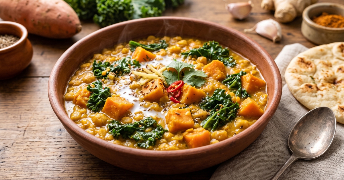 Chana dal aux patates douces et tombée de chou kale