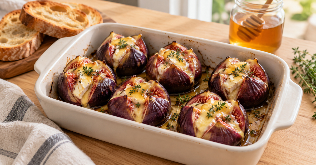 Figues rôties au brie, au miel et au thym dans un plat à gratin, accompagnées de pain grillé.