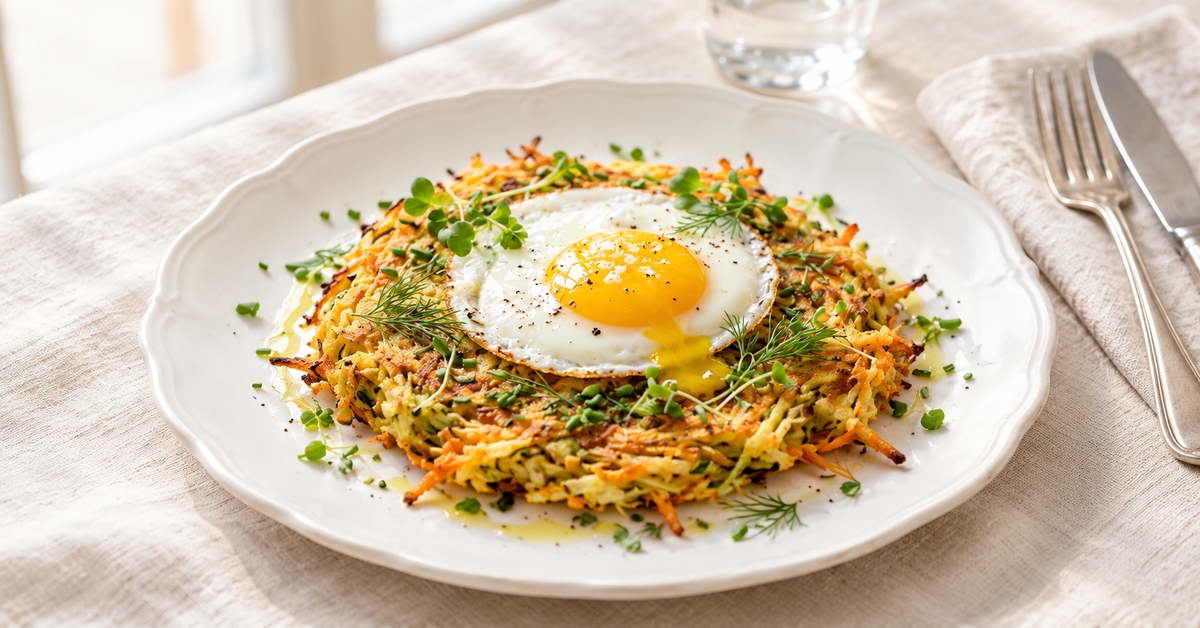 Galette de légumes aux contours irréguliers, garnie d'un oeuf au plat et d'herbes, dans une assiette raffinée sur une nappe claire.