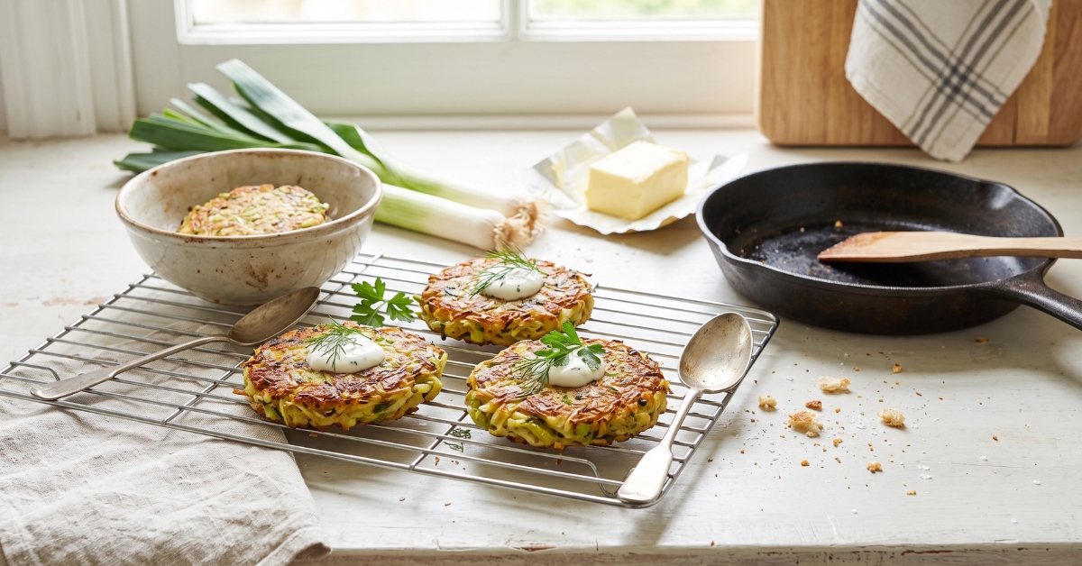 Des galettes de poireaux dorées, à savourer avec une sauce au yaourt et aux herbes.