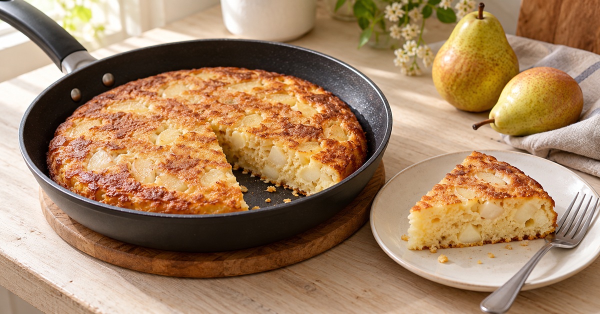 Un gâteau aux poires moelleux, préparé à la poêle pour un goûter d'automne sans allumer le four.