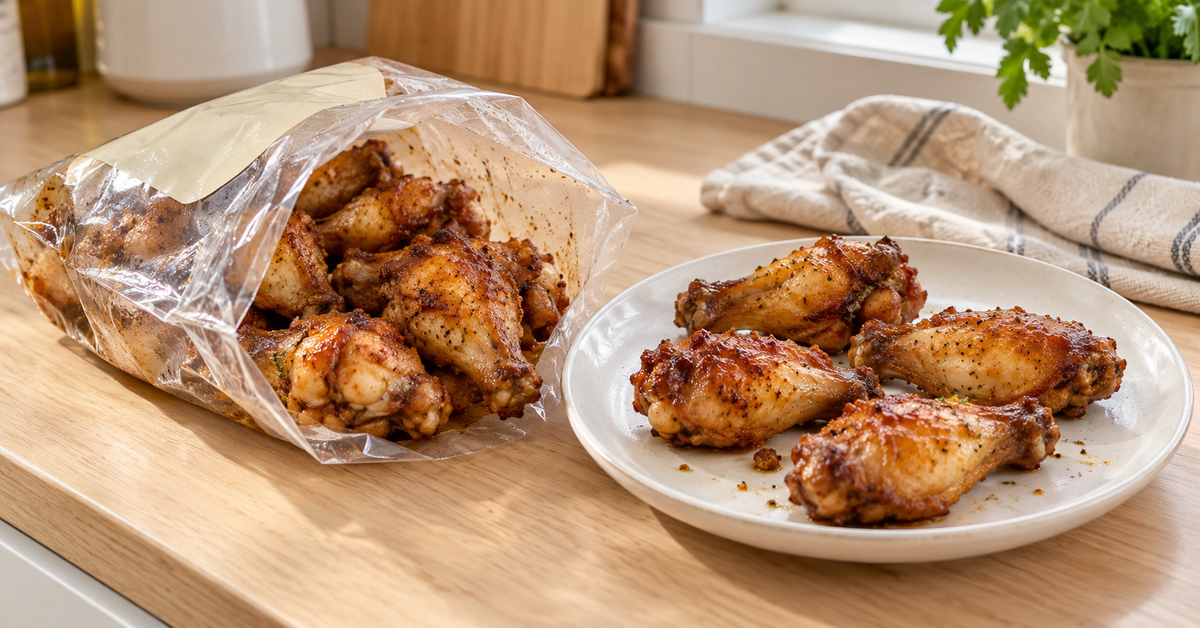 Sachet ouvert de manchons de poulet cuits, accompagné d'une assiette sur le plan de travail d'une cuisine lumineuse.